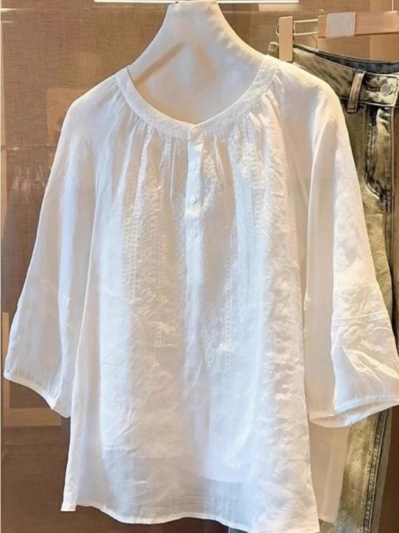 

Элегантная женская рубашка свободного кроя с коротким рукавом, летняя, с эффектом стройности, из тонкой льняной смеси, с круглым вырезом, повседневный универсальный стиль