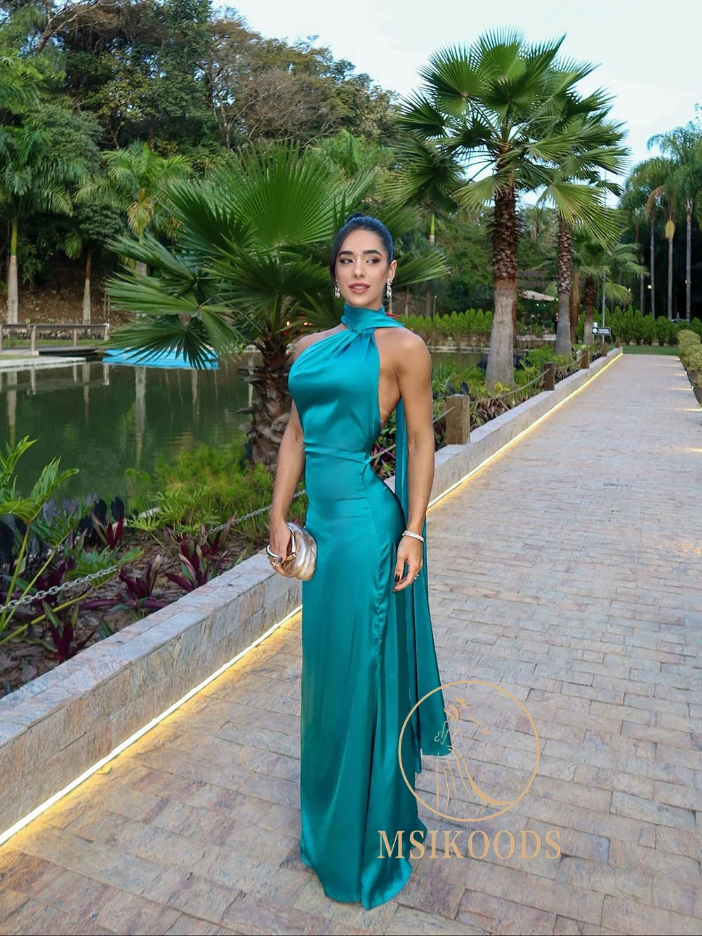 Msikoods cetim halter vestido de noite 2025 elegante sem costas alta fenda longo vestido de baile sem mangas sexy vestido de festa mulher personalizado