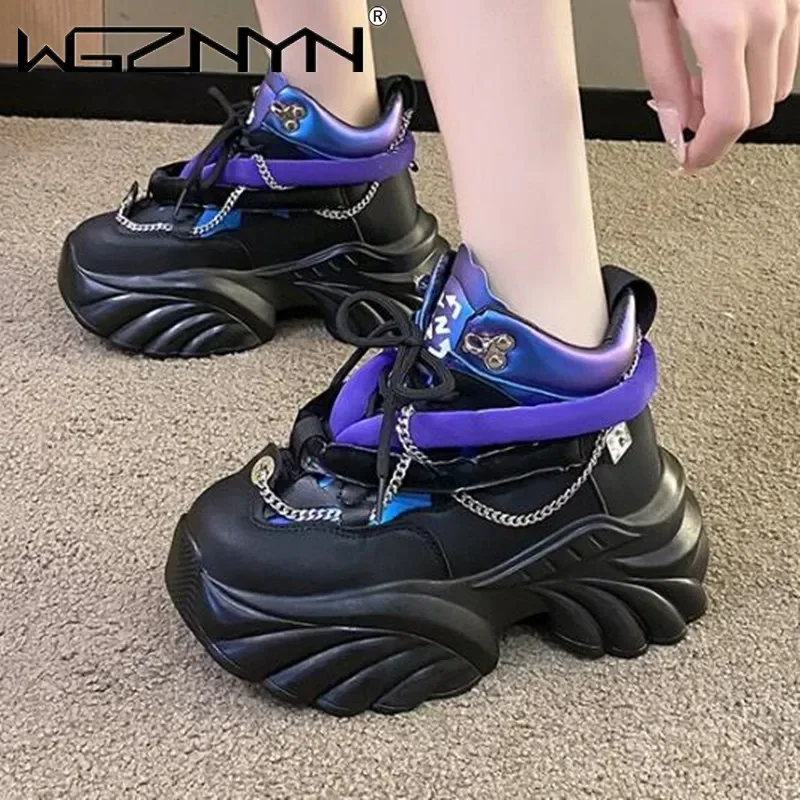 

Designer 8CM Metal Chain Chunky Sneakers High Platform Casual Shoes Females Autumn Wedge Heels Sport Winter Plush Leather Shoe