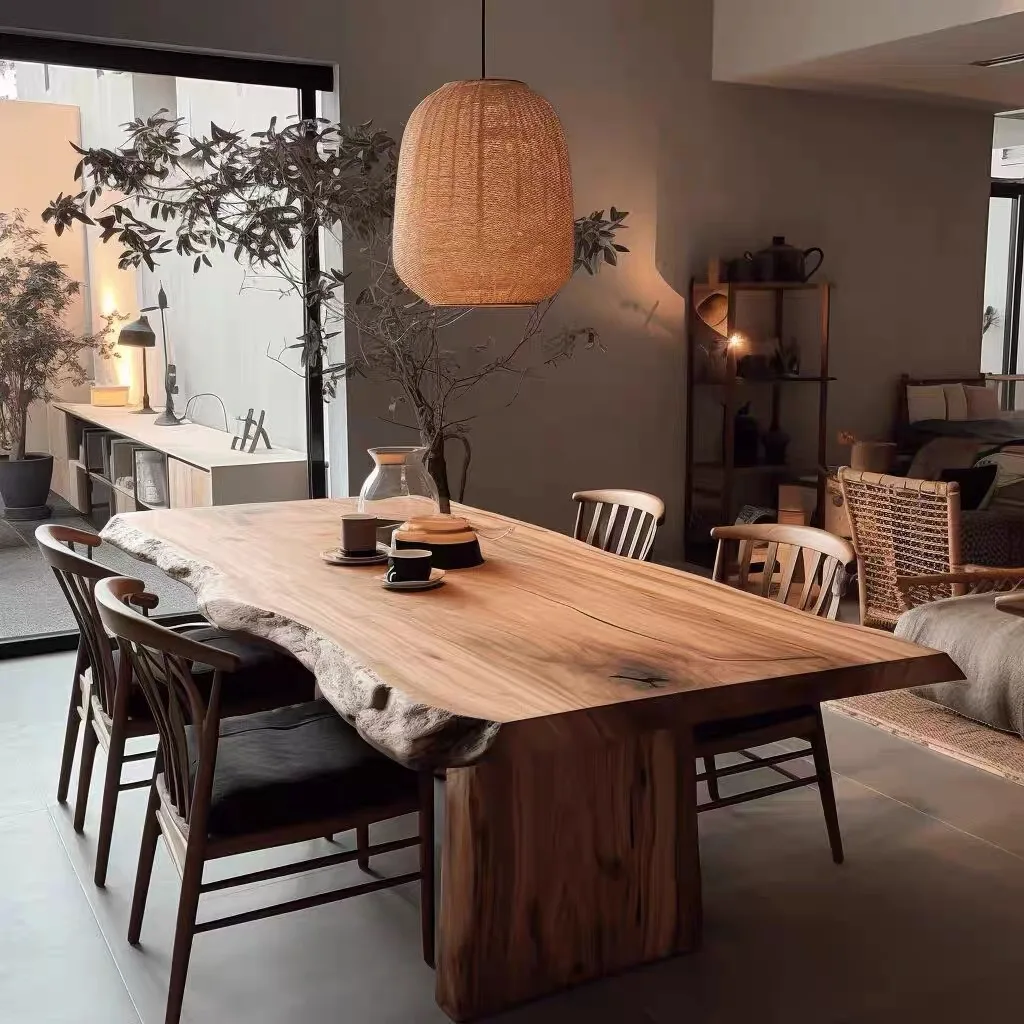 Log large board conference table, American office whole board solid wood strip table, wabi sandy wind irregular