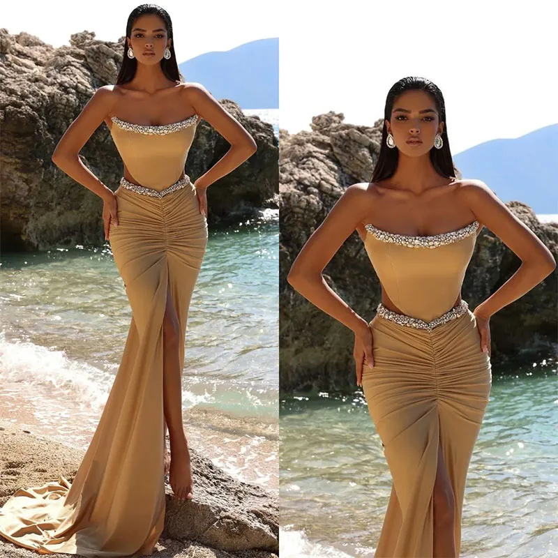 Elegant Champagne Mermaid Evening Dresses Beads Strapless Party Prom Dress Cutaway Sides Pleats Long Dress for special occasion