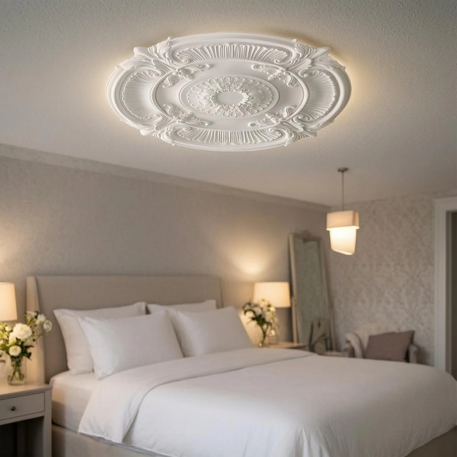 

Round Ceiling Medallion White Ornamental Ceiling Medallion Lamp Base Panel Central Opening Home Decoration Easy to Install