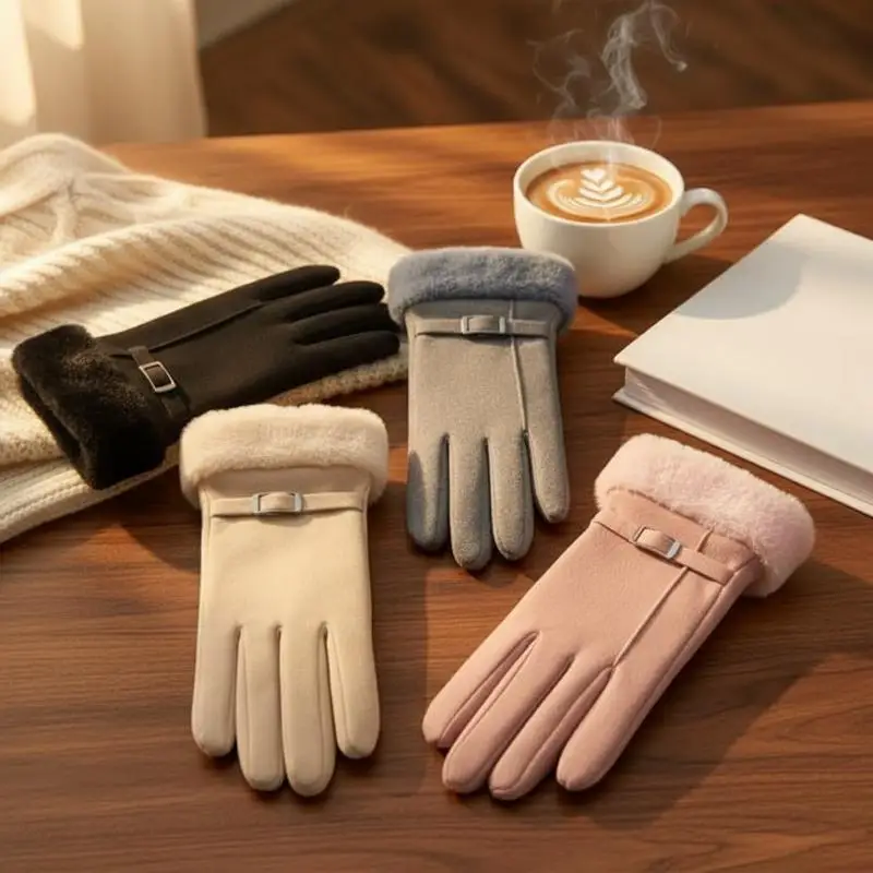 Die warmen Winterhandschuhe für Damen sind winddicht und kältebeständig, haben ein dickes Futter aus Kunstfell und sind als Touchscreen-Handschuhe geeignet. – Detail 4