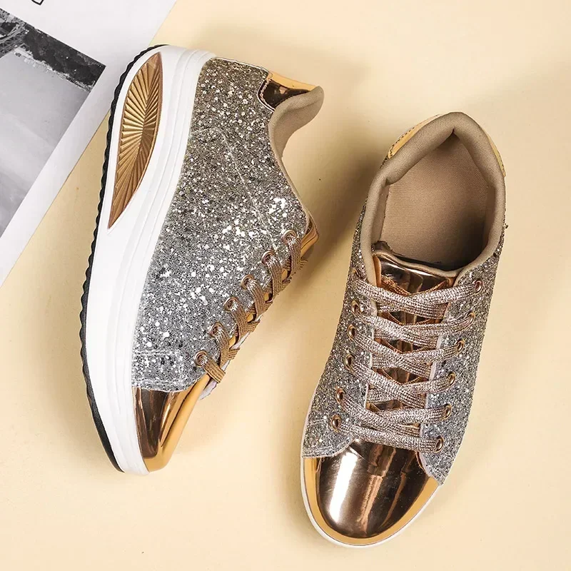 Gold Silver Comfortable Walking  Women Fashion Trendy Sport Shoes Sneakers for Women New Luxury Height Increasing Shoes