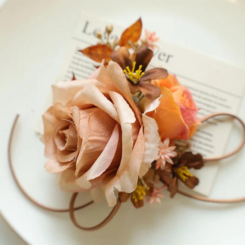 25069 روز بوتونيير للرجال، زهور صناعية لصدار المعصم لديكور الزفاف/الحفلة الراقصة/العودة للوطن، إلخ. قارب بساتين الفاكهة والكراميل