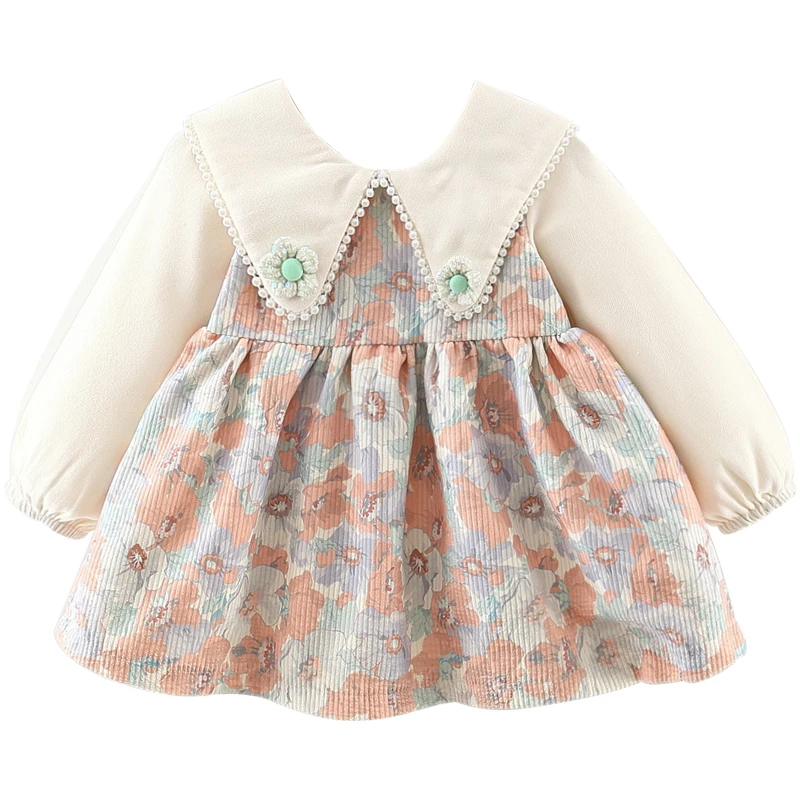 Spring Autumn Toddler Girl Dresses Korean Cute Flowers Princess Doll Collar Long Sleeve Kids Dress Newborn Baby Clothes BC851