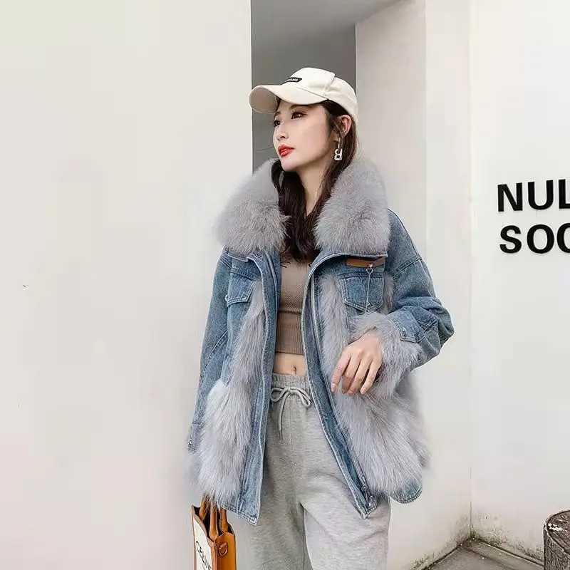 Women Thick Coat Winter Autumn Korean Fashion Parkas Patchwork Jeans Coat Sweet Full Turn-down Collar Winter Jacket Women