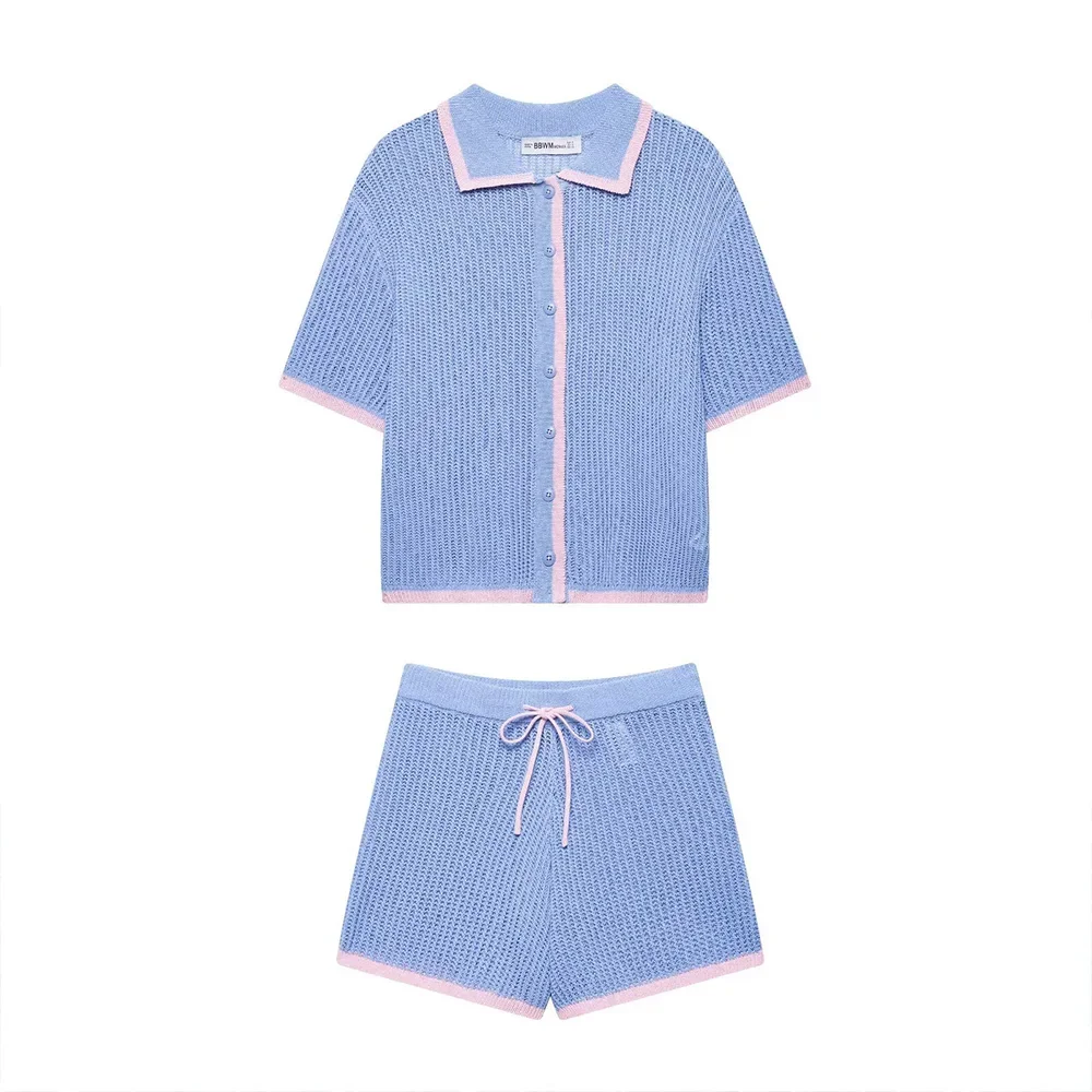 

Summer Fresh Baby Blue Turn Down Collar Short Sleeves Top Elastic Waist Short Pants Women Knit Suit Set Spring New