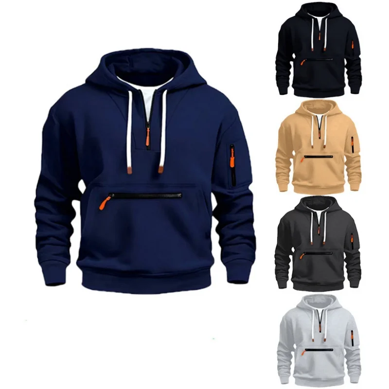 

autumn winter Men's Hoodies sweatshirts Half-zipper Multi Pocket sports Tops Arm zipper long sleeve Pullover casual sweatshirts