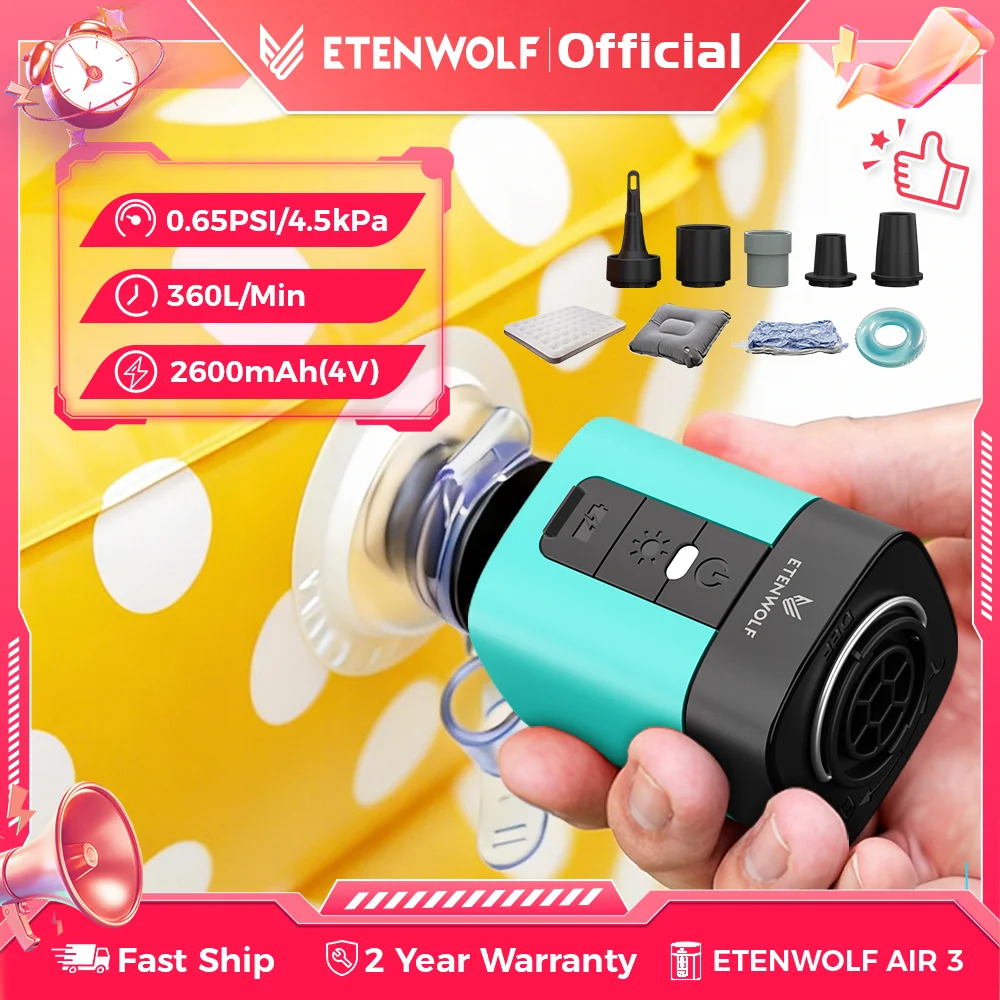 Bomba de Ar Elétrica Sem Fio ETENWOLF AIR 3 2600mAh com Luz de Acampamento, Inflador/Desinflador Pequeno para Uso Externo, Boias de Piscina e Colchonetes