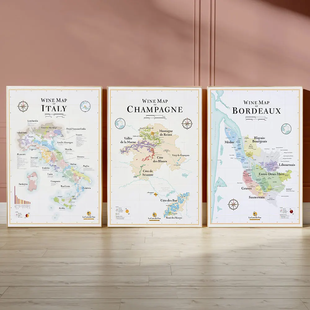 Mapa de vino de España, mapa de vino de Italia, mapa de vino de Burdeos Francia, pintura en lienzo, póster de pared, impresiones artísticas, regalo de decoración del hogar