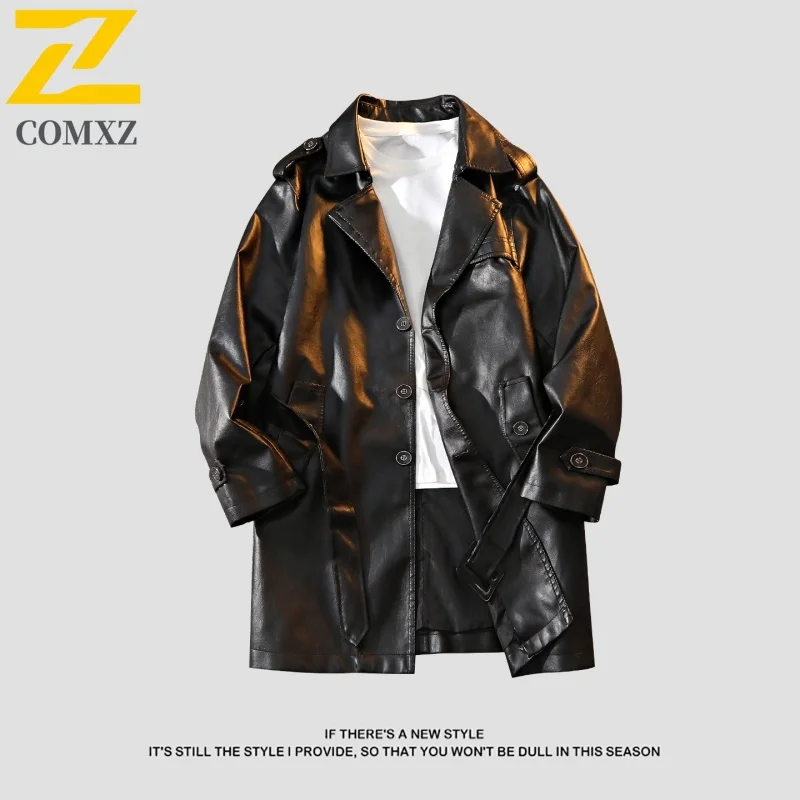 COMXZ Men Motorcycle Jacket New Trendy Loose Working Windproof PU Leather Coat Luxury Elegant Medium And Long Styles Windbreaker