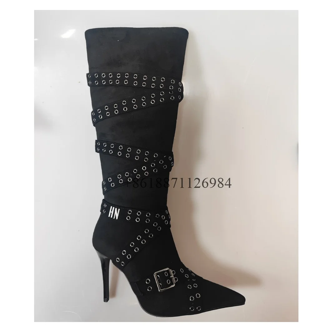 2023 Design Pointed Toe Leather Buckle Boots Women Stiletto High Heel Studed Knee High Gladiator Boots Fashion Lady Dress Shoes