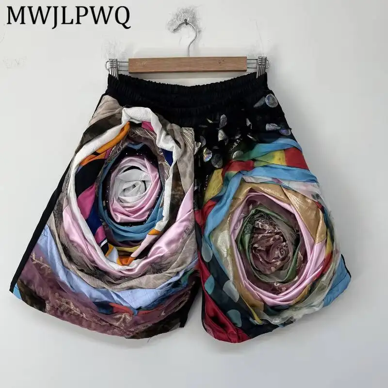 MWJLPWQ Elastic Waist Shorts Multi Spiral Rose Patchwork Iridescent Sequin Decor Loose Oversized Cut Unisex Street Shorts 17145