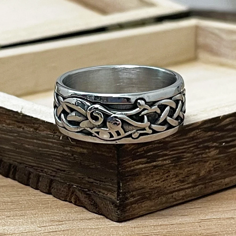 Never Fade Viking Jormungand Rings Men Stainless Steel Norse Mythology Midgard Serpent Rune Finger Ring Amulet Male Jewelry Gift