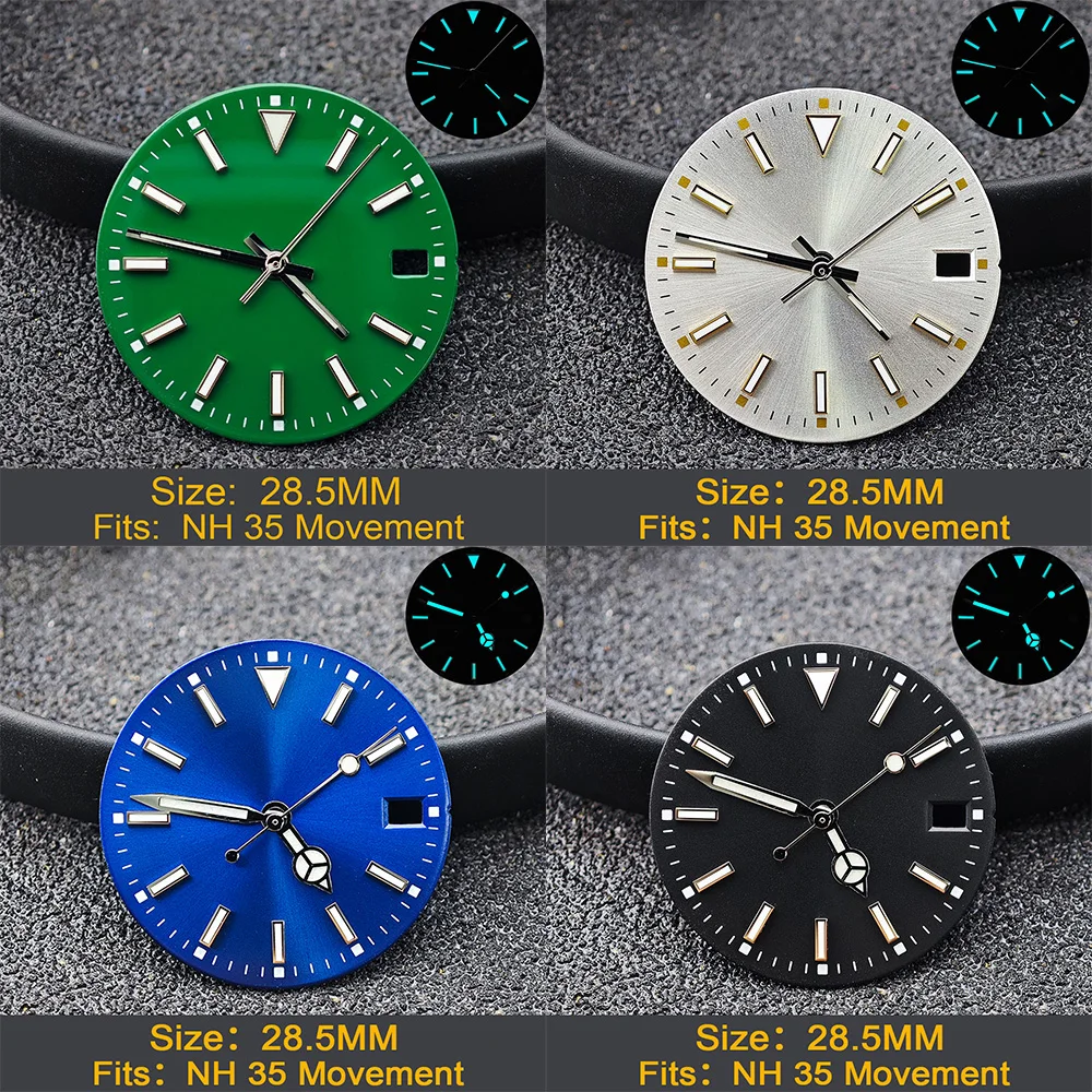 28.5mm sterile luminous single/no calendar dial, blue-green luminous dial and hands, suitable for NH35/2815/2836 movement watch