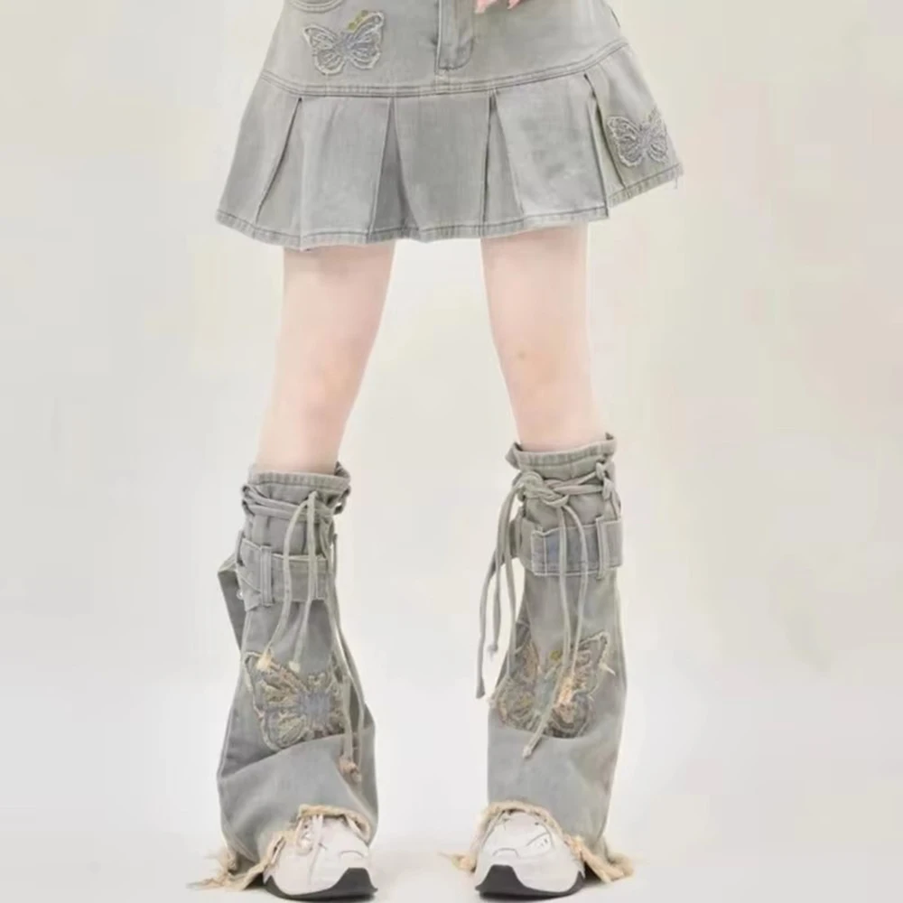 Y2K Harajuku Denims Leg Covers Vintage Embroidered Butterfly Punk Jeans Belt Lace-up Flared Calf Socks Leg Warmers for Women