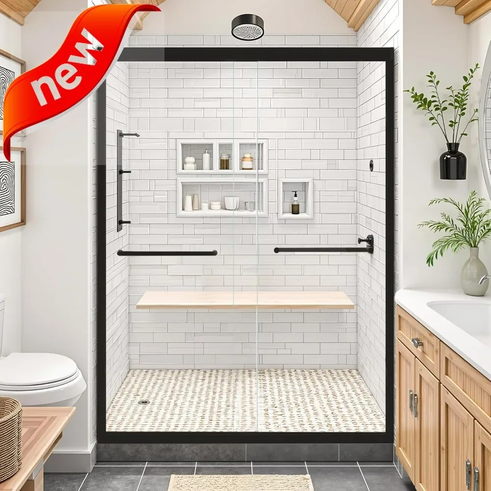 Puerta de ducha de vidrio corrediza doble semiframeless, 44-48 de ancho x 72 de alto, 6 mm de grosor, para baño