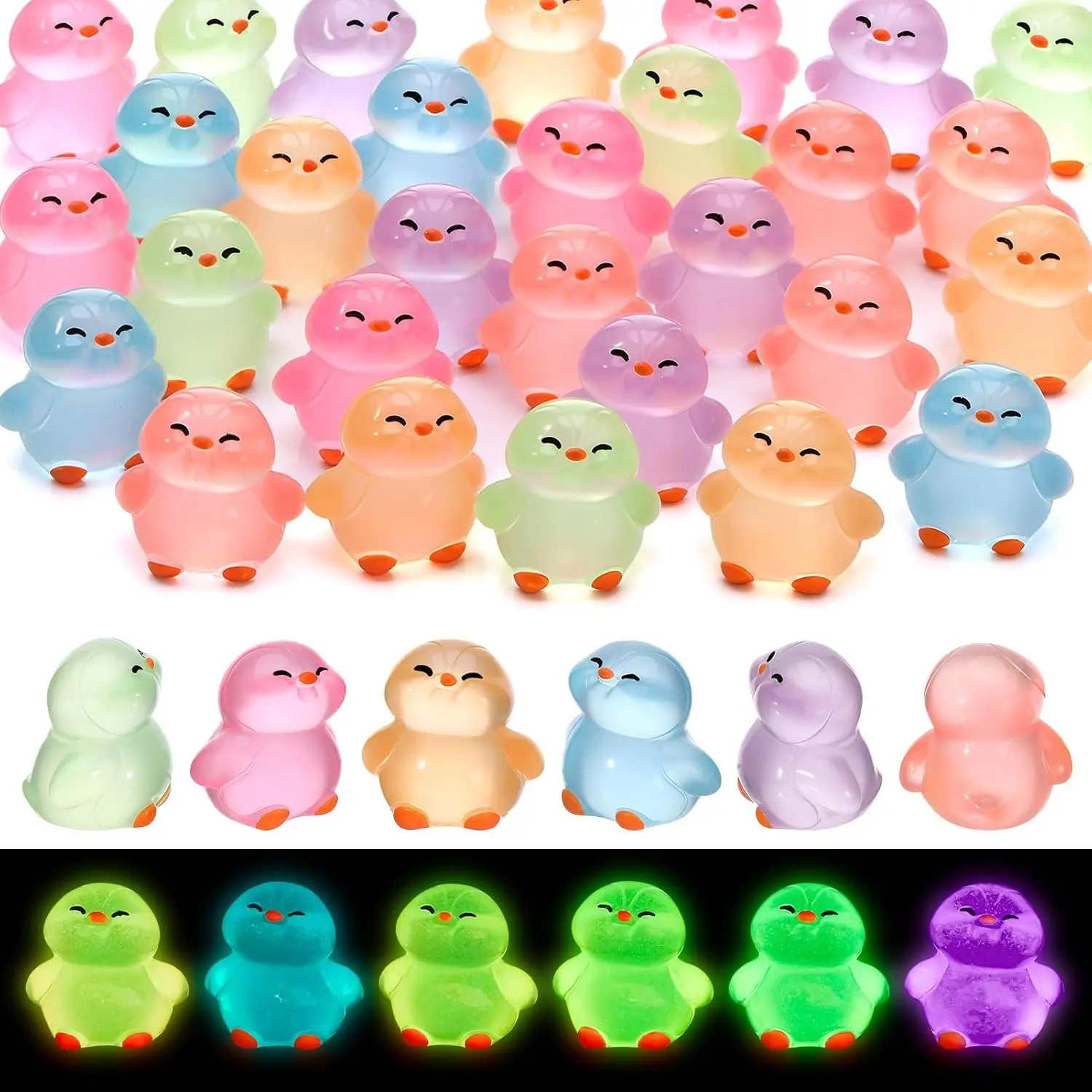 12Pcs Luminous Resin Penguin Figurines,6 Colors Mini Tiny Penguin Miniatures for Garden Dollhouse Aquarium Tabletop Potted Decor