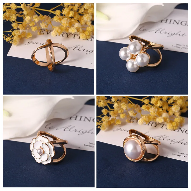 4 Pcs Elegant Golden Faux Pearl Scarf Clip Set - Multifunctional Metal Corner Knot and Ring Clip, for Safe,able Scarf Fixing view 5