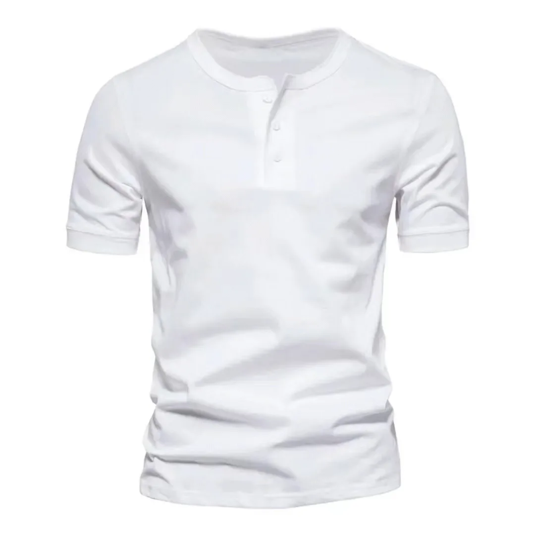 

2025 New Men's Round Neck Short Sleeved T-shirt Summer Youth Casual Slim Fit Henry Shirt Solid Color Breathable Sports Top