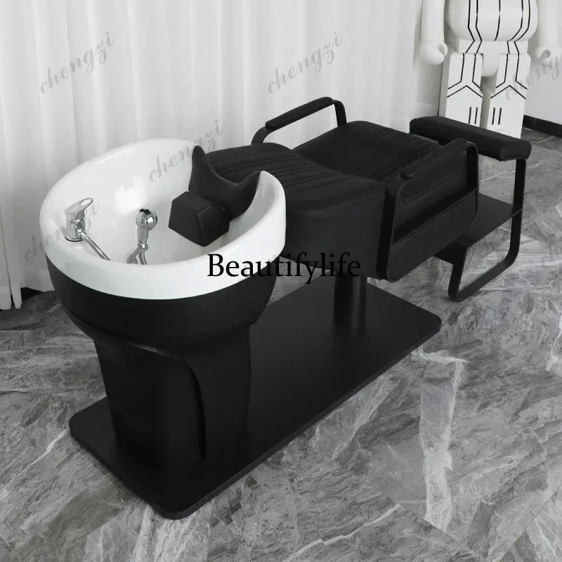 NQ52 High-end massage shampoo bed, special stainless steel ceramic basin for hair salon, semi-reclining flush bed