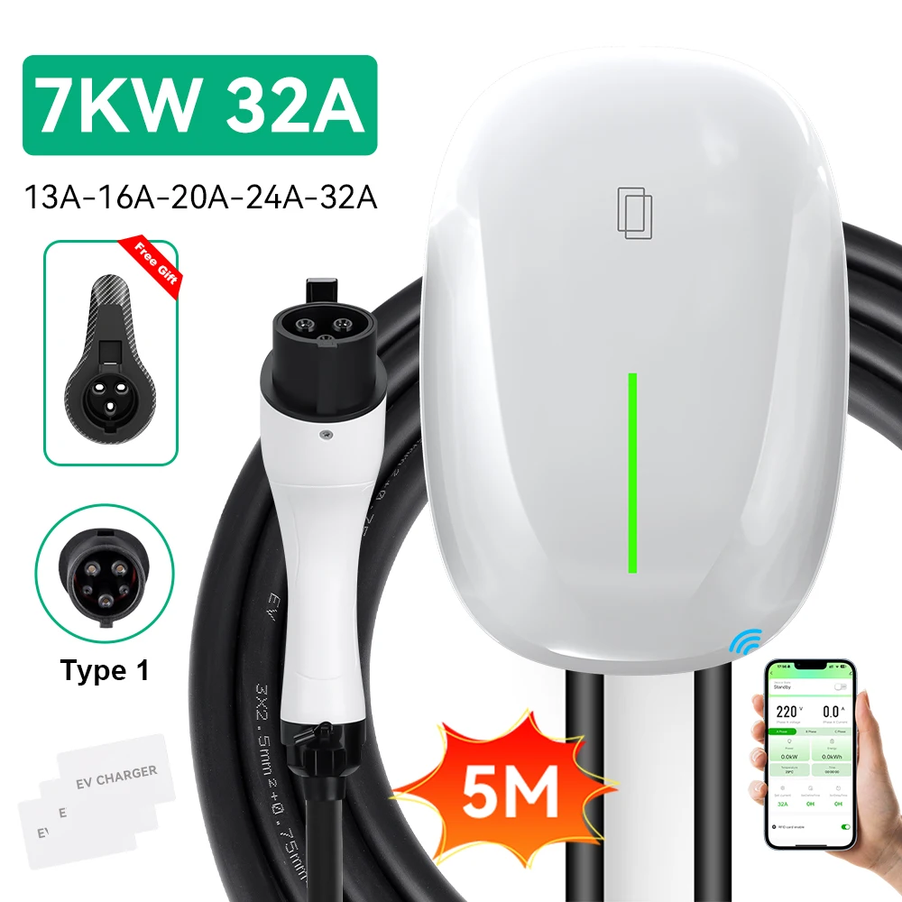 

JDMEX Type1 EV Charging Station 32A 1Phase Fast Charging Electric Vehicle Car Charger EVSE Wallbox APP Remote Control 5m Cable
