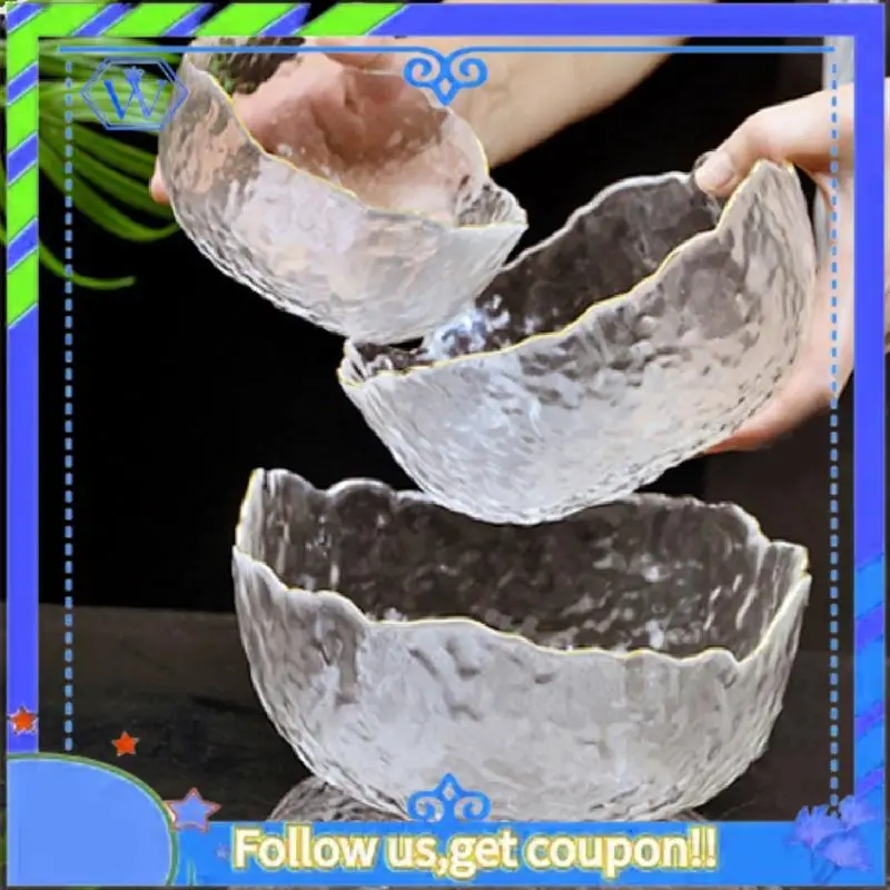 

Easy To Use Transparent Glass Salad Fruit Bowl Irregular Soup Glass Bowl Salad Dessert Mixing Bowl With Gold Inlay Edge