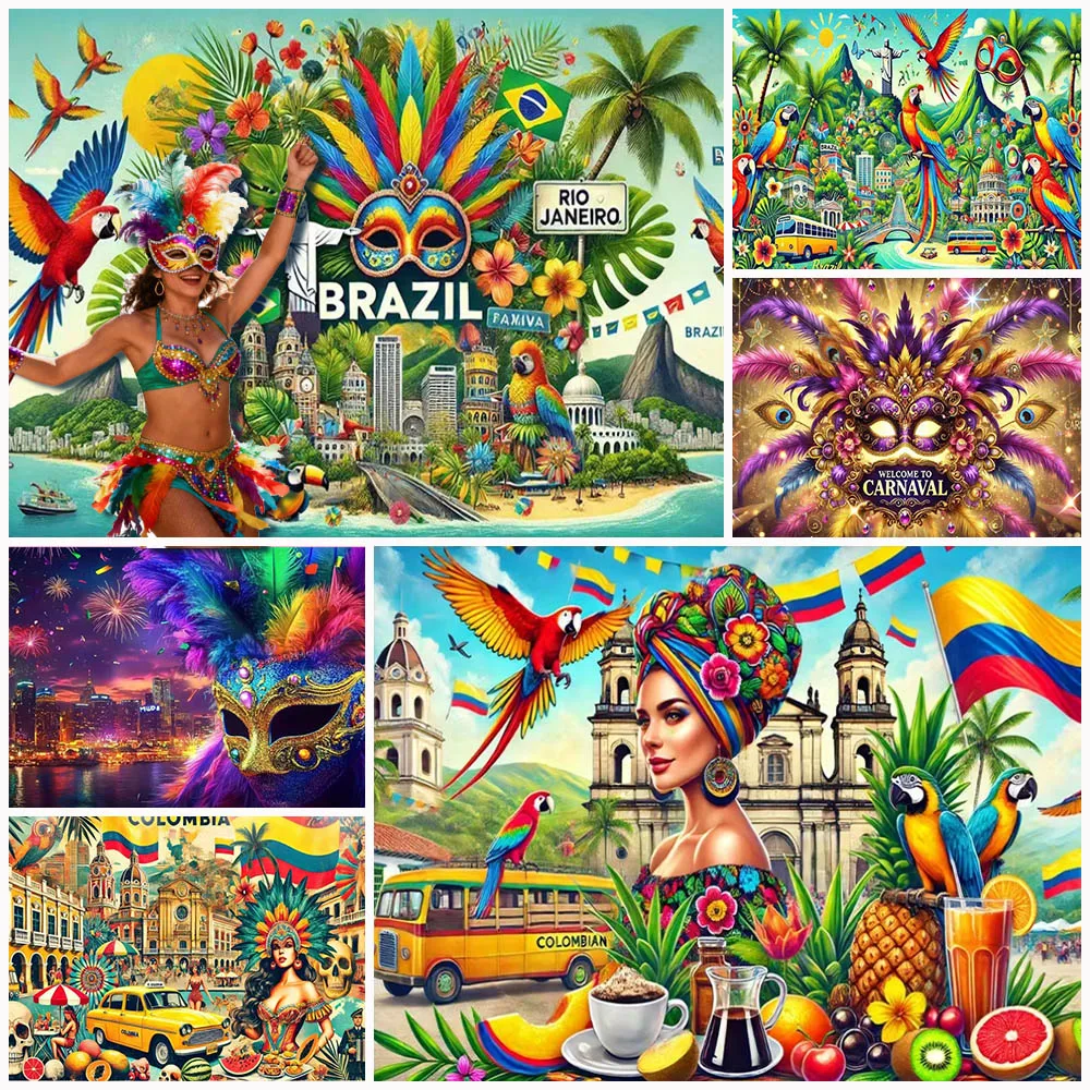 

Carnival Party Mask Theme Photo Background Banner Bolivia Brazil Carnival Feather Dance Parrot Backdrop Festival Supplie KidGift