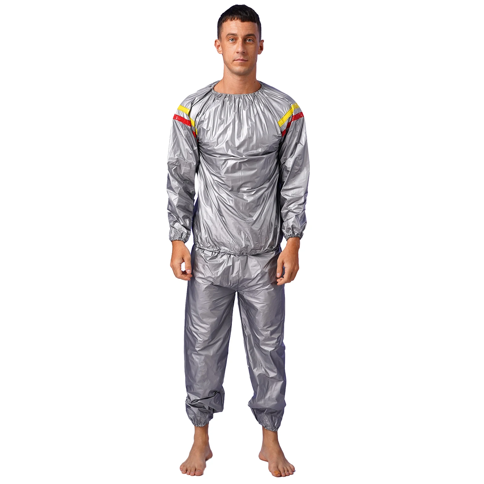 Mens Womens PVC Sauna Suit Fitness Gym Workout Weight Loss Outfits Contrast Color Stripe Long Sleeve Top with Pants