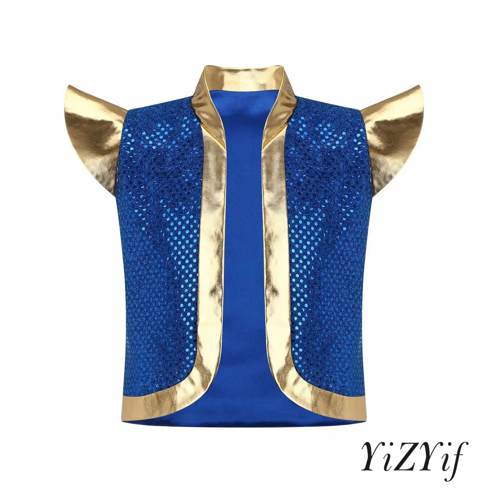 

Boy Shiny Sequins Metallic Arabian Prince Vest Stand Collar Shoulder Pads Open Front Fairy Tale Cosplay Vest Halloween Costume