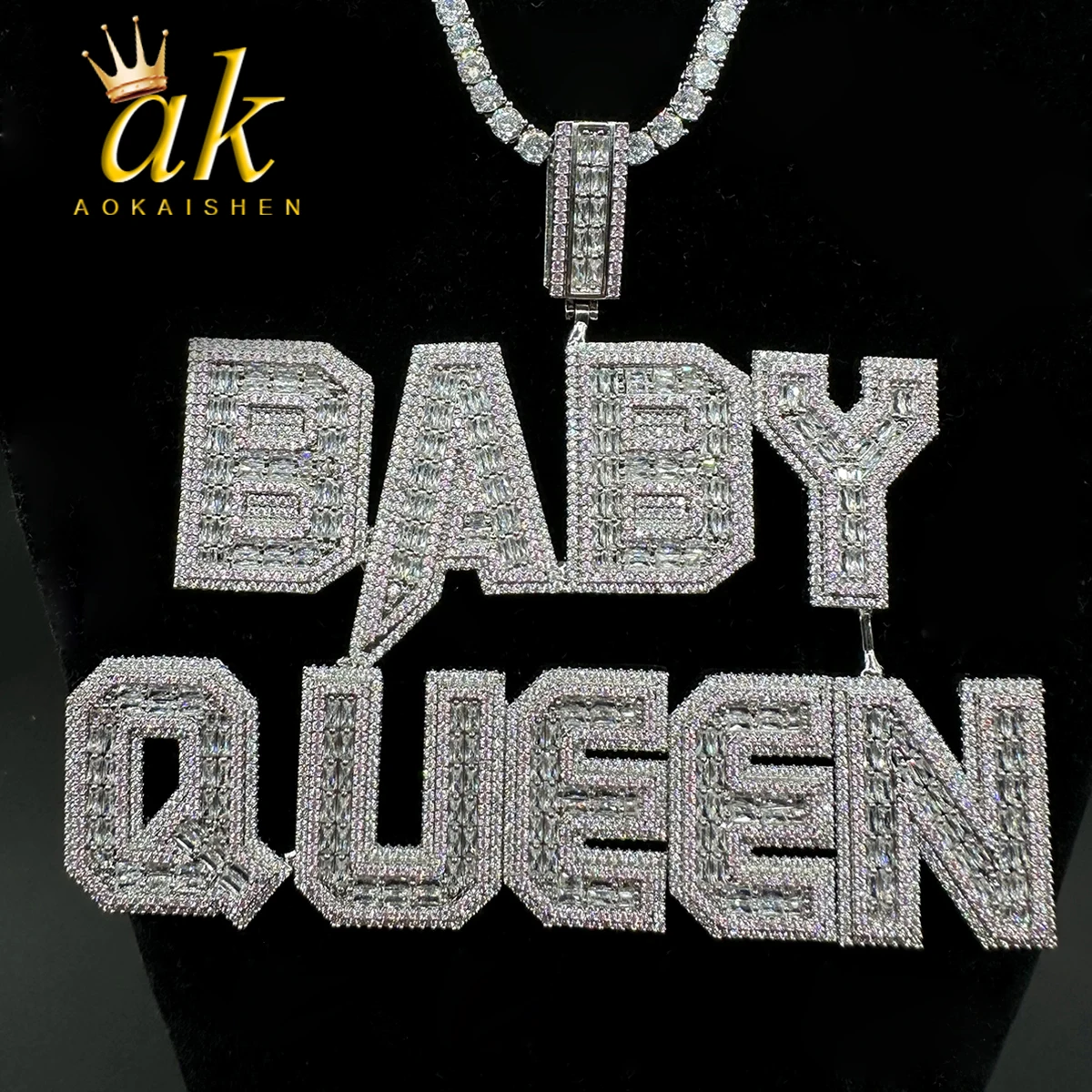 

Aokaishen Iced Out Personalized Pendant Baguette Custom Name Necklace for Women Blue Stones Hip Hop Jewelry