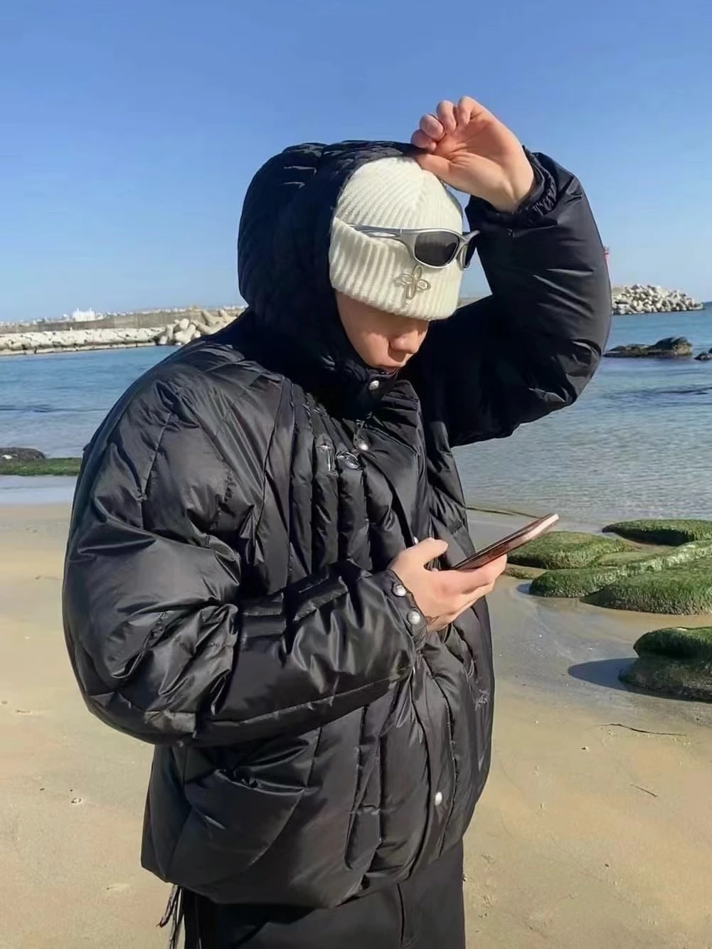 

Thug Club 23SS Bla нейлоновое ветрозащитное водонепроницаемое куртка с капюшоном на гусином пуху, 360 г, теплое осенне-зимнее мужское пуховое пальто