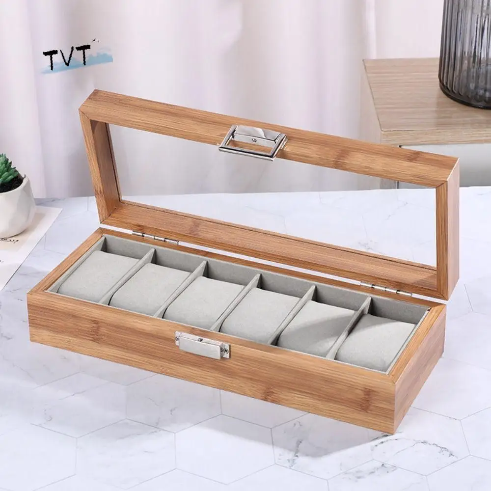 

3/6grids Watch Storage Box Window Display Transparent Lid Watch Storage Case Flocking Cloth Watch Tray Wooden Watch Box