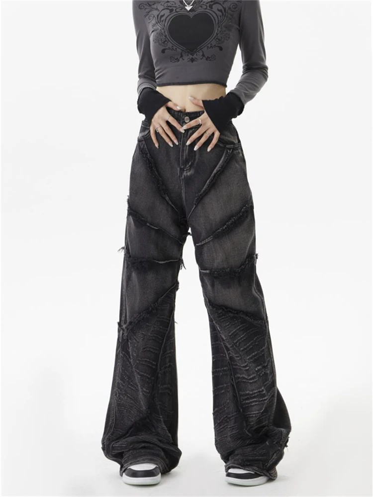 

Women's Spider Web Edge Splicing Black Gray Jeans Cool Girl High Waisted Unisex Pants Female Loose Retro Denim Trousers