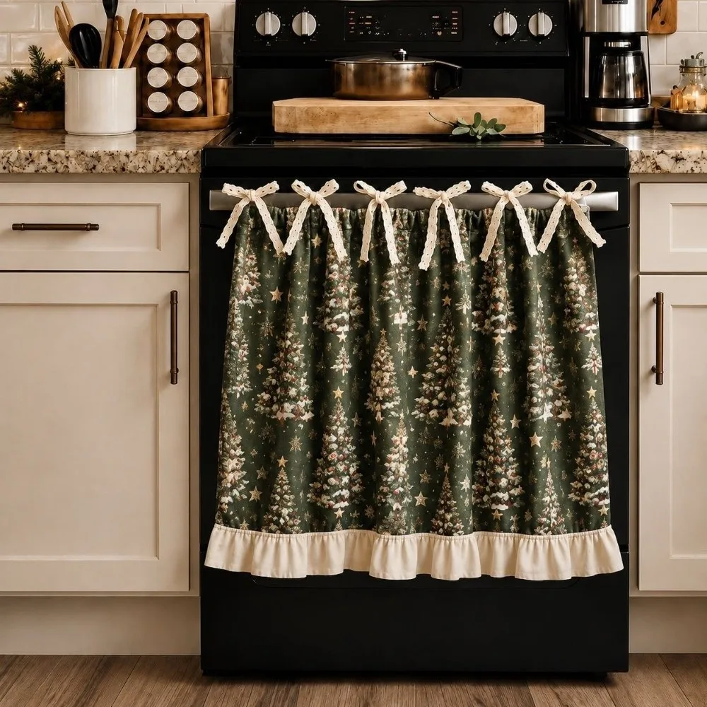 Ruffle Edge Christmas Oven Short Curtain Snowman Deer Xmas Tree Kitchen Stove Short Curtain Countryside Style Flower