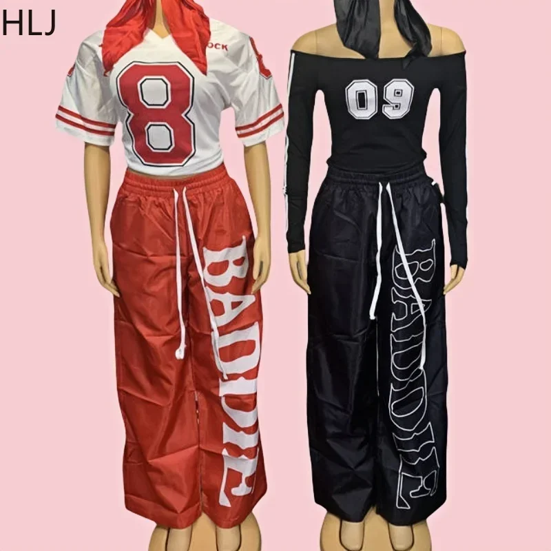 

HLJ Fashion Letter Print Drawstring Pants Two Piece Sets For Women Off Shoulder Long Sleeve Top And Pants Outfits Y2K Streetwear