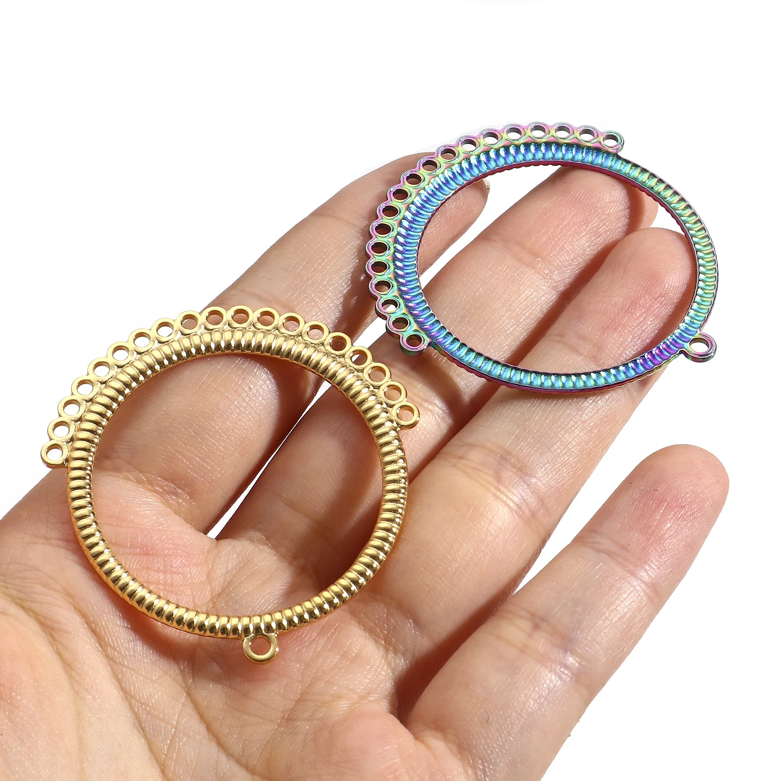 Conectores de acero inoxidable de 2 piezas para mujer, dijes de rayas de anillo circular Multicolor, fabricación de collar y pendientes Diy, hallazgos de joyería para regalos