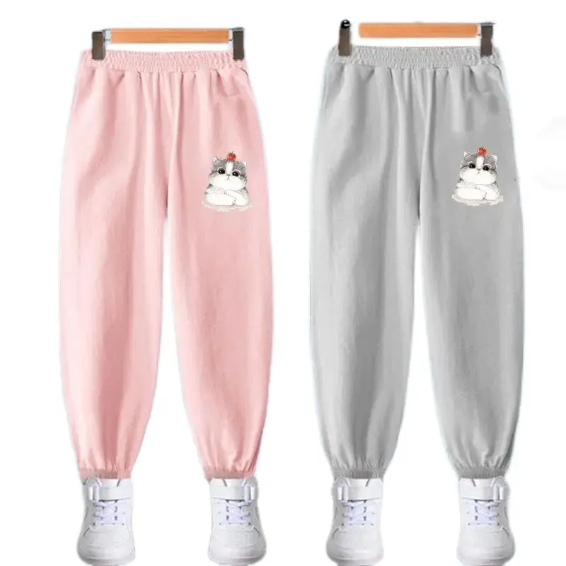 Children Cartoon Cat Print Anti-Mosquito Pants Summer Baby Bloomers Cotton Long Trousers Girls Breathable Air Conditioning Pant