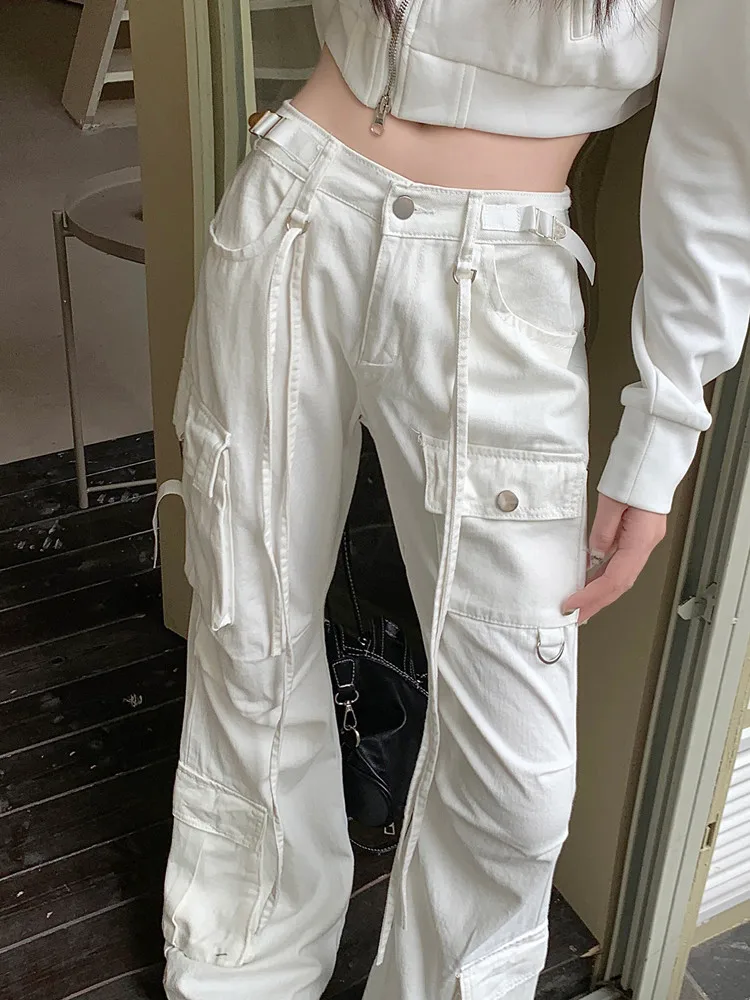 2023 Y2K Fashion Multi Pockets White Baggy Flare Cargo Jeans Pants For Women Korean Clothing Casual Lady Long Trousers Pantalons