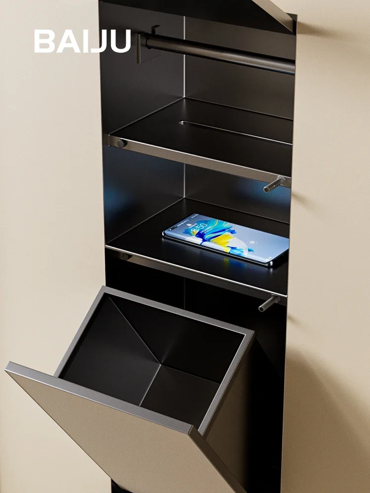 

Hidden stainless steel garbage bin embedded wall in bathroom