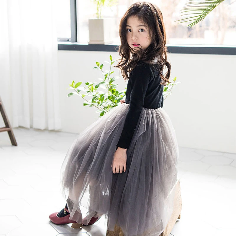 3-12 Years Spring Autumn Girls Dress Korean Mesh Fashon Long Sleeve Little Princess Dress Party Birthday Gifts New Kids Clothes