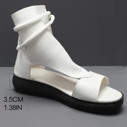 New Retro Soft PU Leather Ladies Cool Boots 2024 Fashion Women Sandals Summer Fish Mouth  Wedges Mid Heels Shoe Sandalias