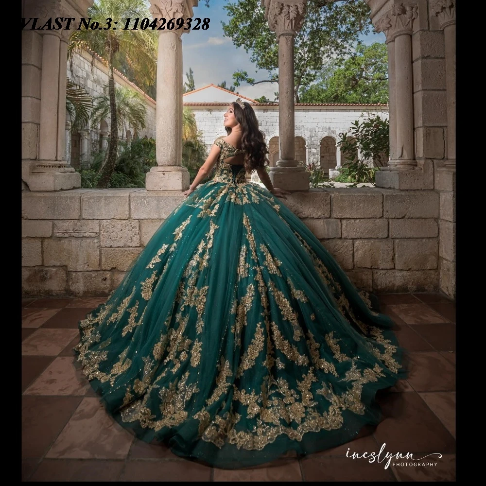 Evlast personalizado glitter verde escuro quinceanera vestido de baile ouro renda applique miçangas doce 16 vestido de 15 anos e3q277