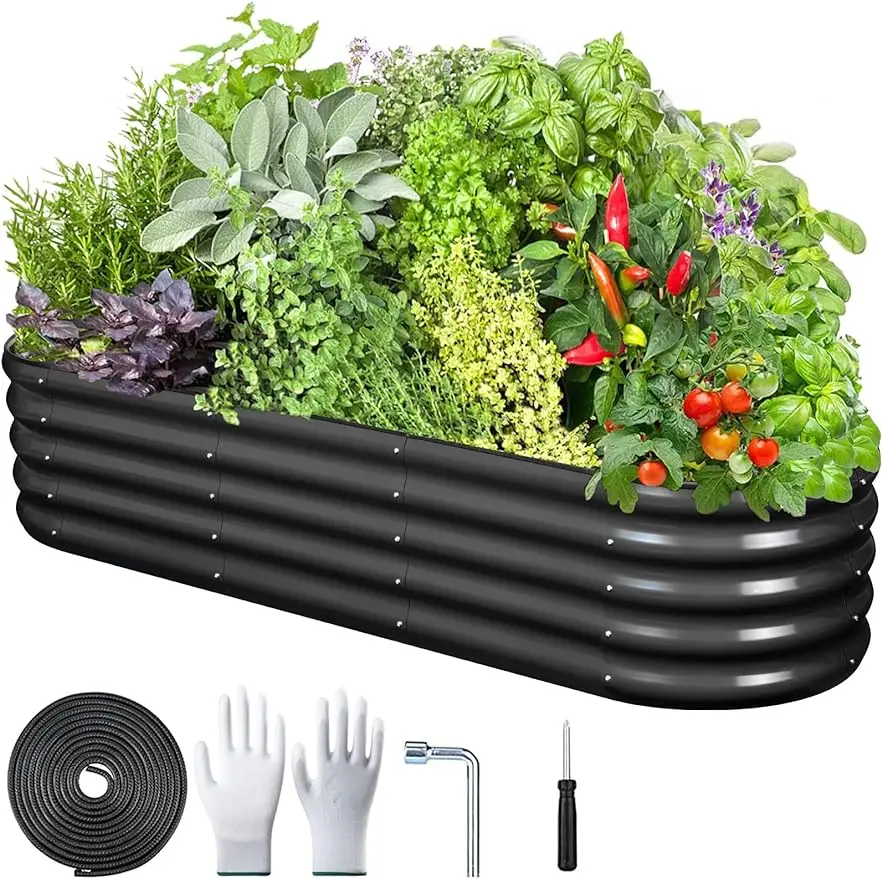 

Raised Garden Bed Zinc-Aluminum-Magnesium Coated Steel Planter Box Outdoor with Rubber Edge Tools and Gloves Garden Bed Kit