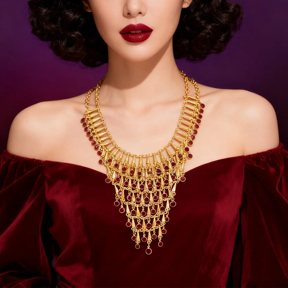 

Ethnic Golden Chain Red Crystal Necklace For Women India Kurdish Moroccan Turkey Afghan Traditional Clothing Jewelry Accessory