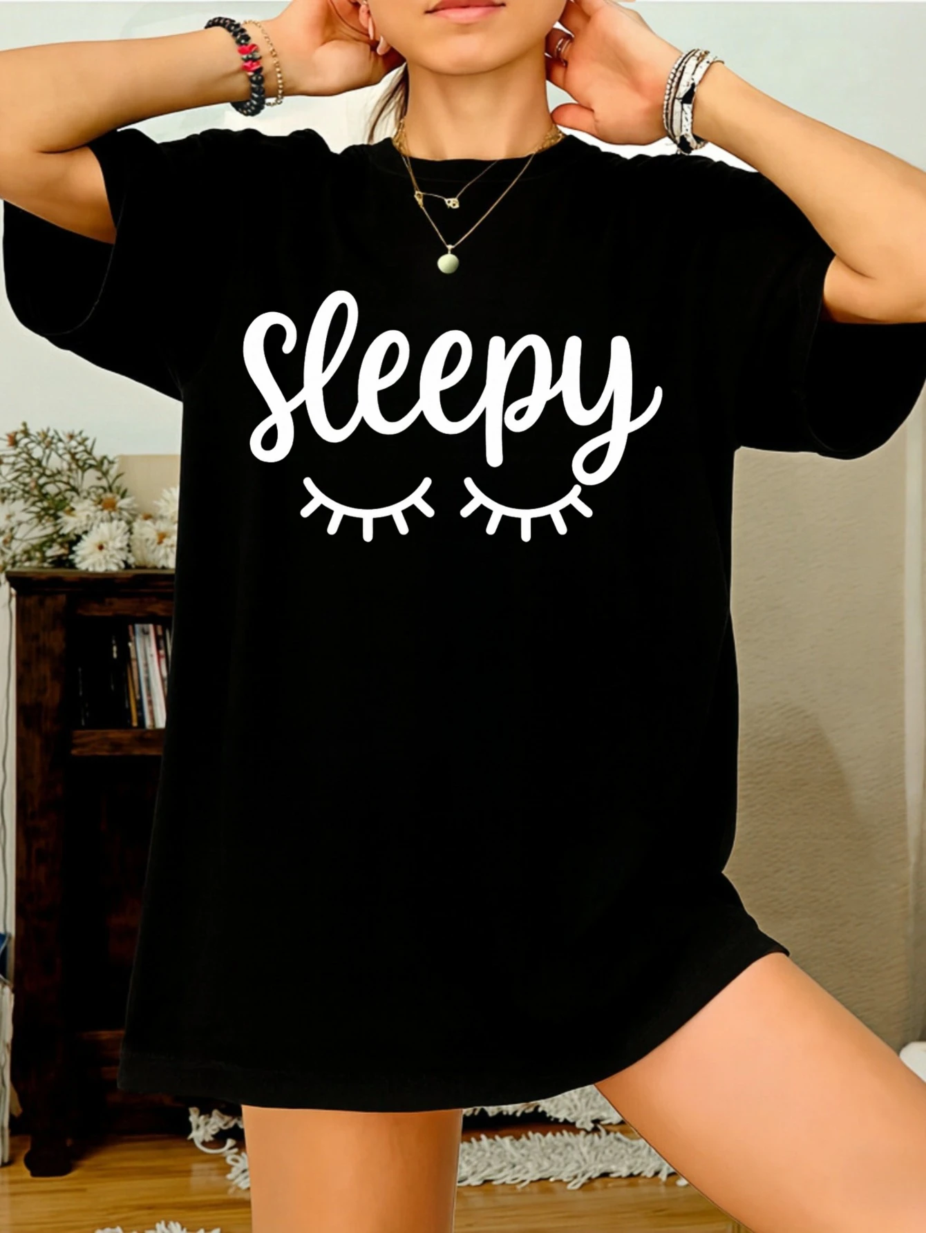 

Womens Casual Short Sleeve Cotton T Shirt with Sleepy Eyelashes Printed Graphic Cute Summer Daily Wear Gift for Her