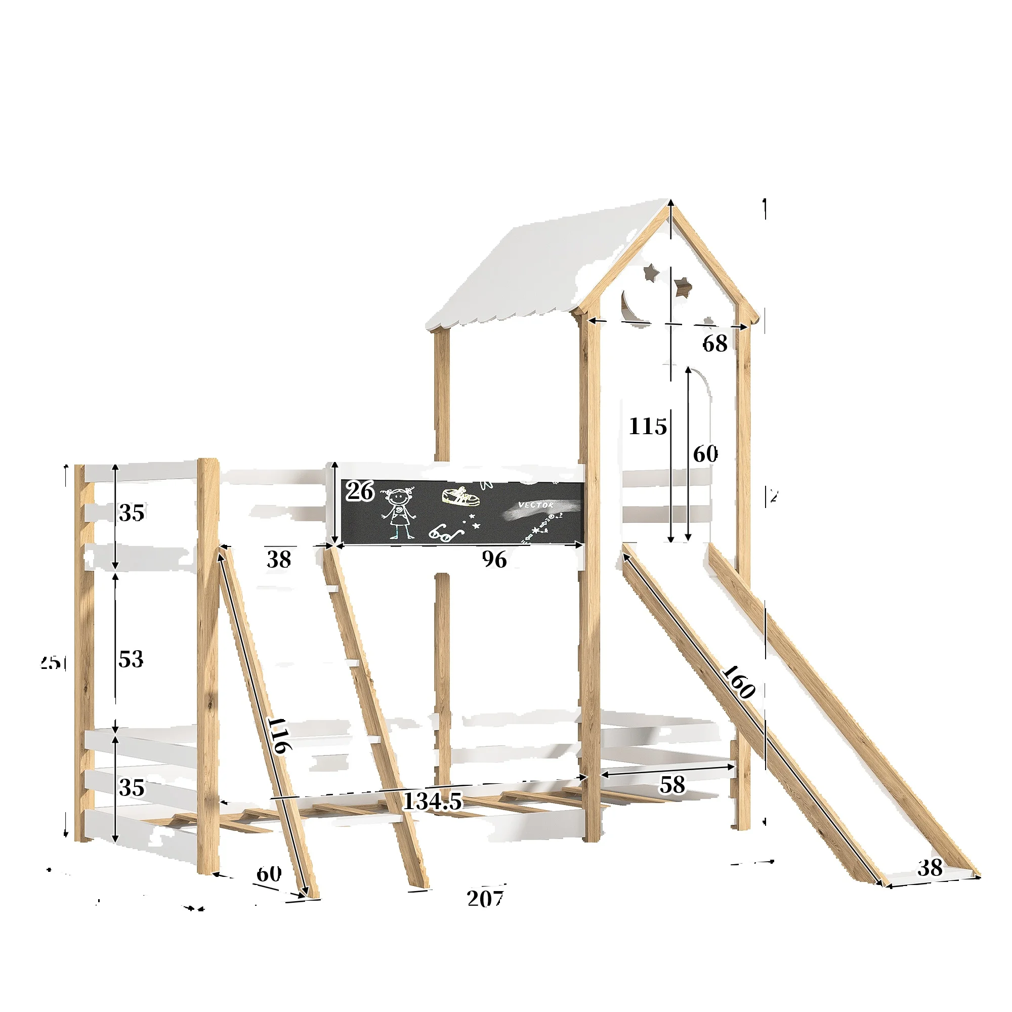 90x200cm Doppelbett mit Treppe und Rutsche, Bett mit Zaun, Bett mit Kinder tafel, umwelt freundliches Massivholz