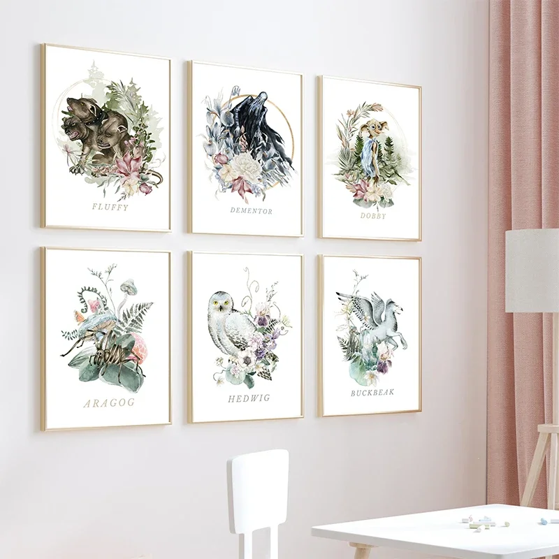 Póster de acuarela Floral Neutral con estampado escolar de mago mágico de Harry Potter, pintura en lienzo de bestias mágicas para guardería, decoración para habitación de niños