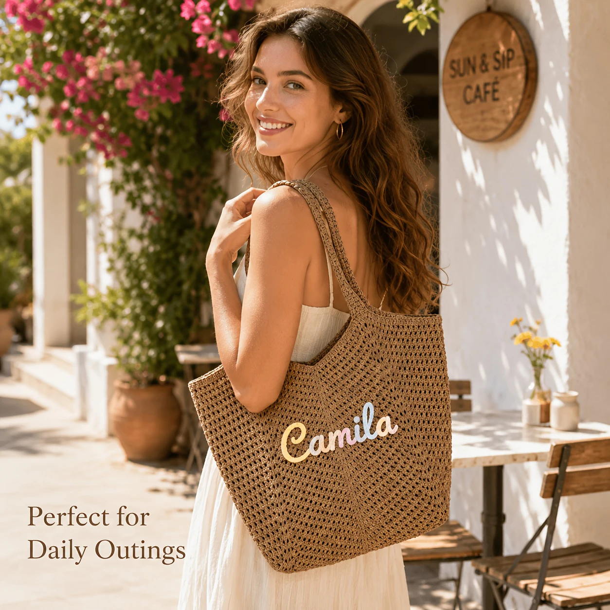 Personalized Crochet Tote Bag Custom Embroidered Name Large Capacity Shoulder Bag Handmade Hollow Knit Beach Handbag Travel Bags